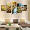 Autumn And Waterfall - Nature 5 Panel Canvas Art Wall Decor