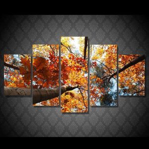 Autumn Fall Print Trees Gold Leaves - Nature 5 Panel Canvas Art Wall Decor