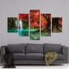 Autumn Oasis Waterfall - Nature 5 Panel Canvas Art Wall Decor