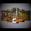 Autumn Waterfall Stones Rocks Reflection Off Water 03 - Nature 5 Panel Canvas Art Wall Decor