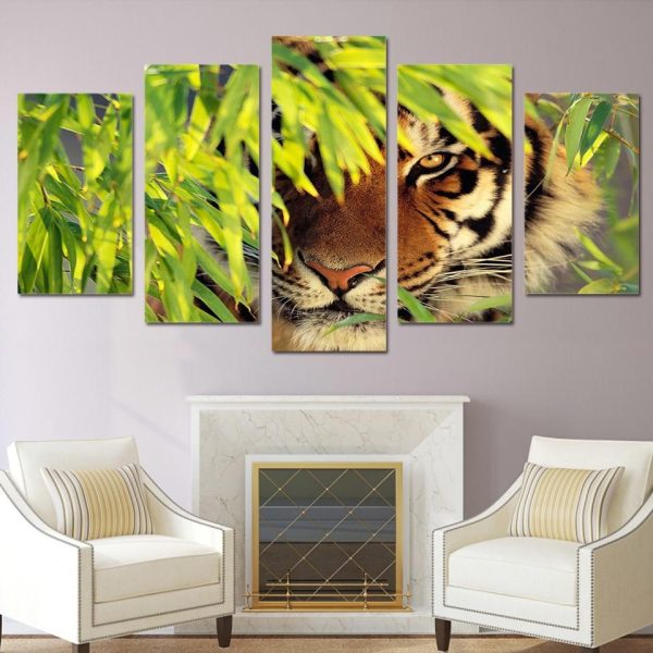 Bamboo Tiger - Animal 5 Panel Canvas Art Wall Decor