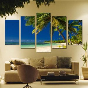 Beach And Ocean Coconut Trees Blue Sky 05 - Nature 5 Panel Canvas Art Wall Decor