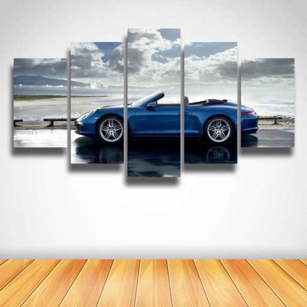 Beach Blue Sports Car - Automative 5 Panel Canvas Art Wall Decor