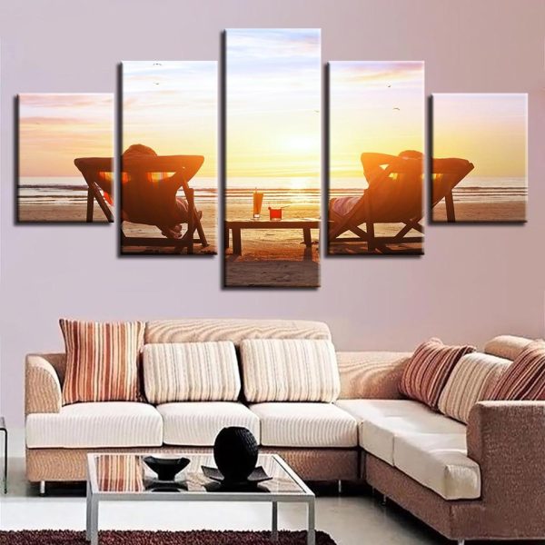 Beach Chair And Drinks Sunset - Space 5 Panel Canvas Art Wall Decor