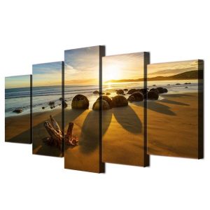 Beach On The Ocean With Rocks At Sunset - Nature 5 Panel Canvas Art Wall Decor