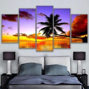 Beach Palm Tree Over The Water - Space 5 Panel Canvas Art Wall Decor