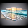 Beach Rolling Wave Seascape And Sunset Nature And Ocean - 5 Panel Canvas Art Wall Decor