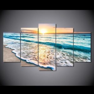 Beach Rolling Wave Seascape And Sunset Nature And Ocean - 5 Panel Canvas Art Wall Decor