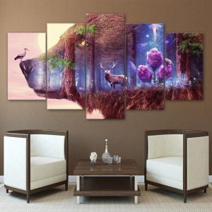 Bear Forest Bird Large 01 - Nature 5 Panel Canvas Art Wall Decor