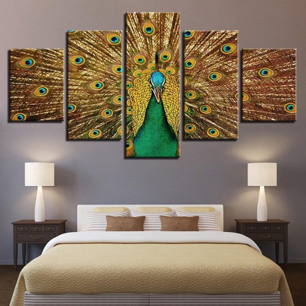 Beautiful Green Peacock - Animal 5 Panel Canvas Art Wall Decor