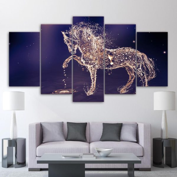 Beautiful Horse From The Water On A Blue Drops - Abstract Animal 5 Panel Canvas Art Wall Decor