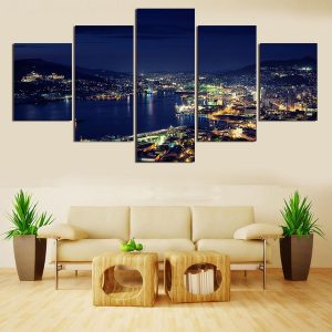 Beautiful Night Scene At The Bay - Nature 5 Panel Canvas Art Wall Decor