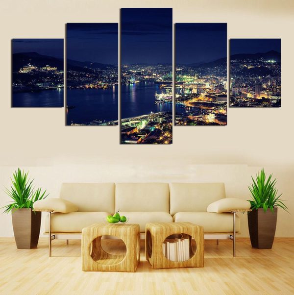 Beautiful Night Scene At The Bay - Nature 5 Panel Canvas Art Wall Decor