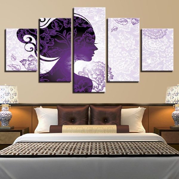 Beautiful Purple Woman And Flower - Abstract 5 Panel Canvas Art Wall Decor