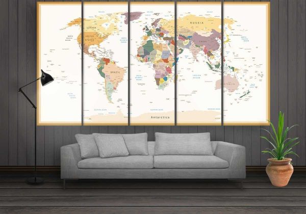 Beige World Map - World Map 5 Panel Canvas Art Wall Decor