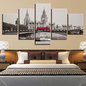 Big Ben Bridge Bus - Automative 5 Panel Canvas Art Wall Decor