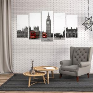 Big Ben London Busses - Nature 5 Panel Canvas Art Wall Decor