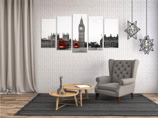 Big Ben London Busses - Nature 5 Panel Canvas Art Wall Decor