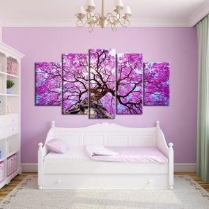 Big Pink Tree Nature Landscape - Nature 5 Panel Canvas Art Wall Decor