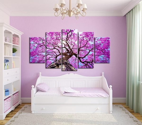 Big Pink Tree Nature Landscape - Nature 5 Panel Canvas Art Wall Decor