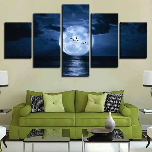 Bird And Moon Reflected On The Lake - Nature 5 Panel Canvas Art Wall Decor