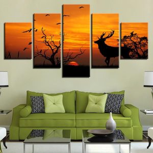 Birds Tree Forest Animal Deer Sunset Silhouette - Animal 5 Panel Canvas Art Wall Decor