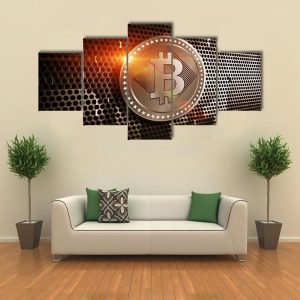 Bitcoin Sign On Perforated Sheet Metal - Crypto 5 Panel Canvas Art Wall Decor