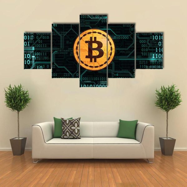 Bitcoin With Binary Code And Printed Circuit Board - Crypto 5 Panel Canvas Art Wall Decor