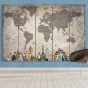 Black And Grey World Map With Monuments - World Map 5 Panel Canvas Art Wall Decor