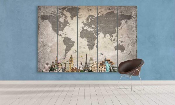 Black And Grey World Map With Monuments - World Map 5 Panel Canvas Art Wall Decor