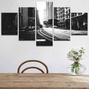 Black And White City Streetscape Streetcar - Nature 5 Panel Canvas Art Wall Decor