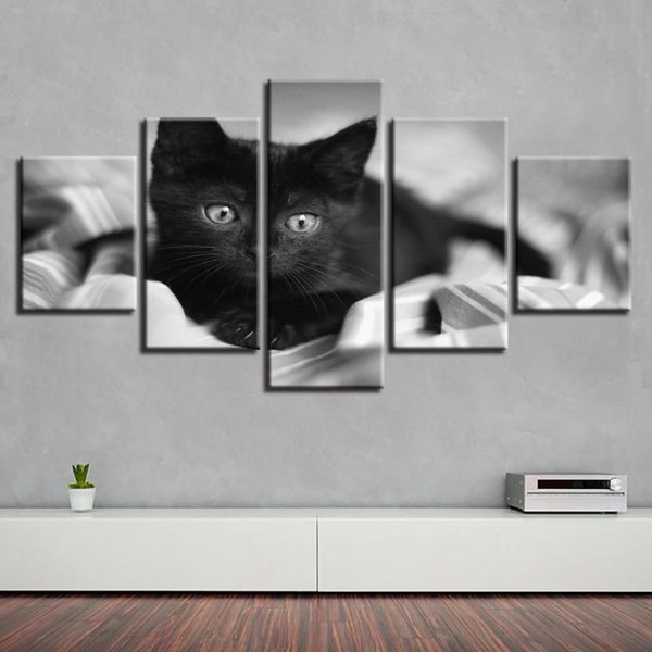 Black Cat 1 - Animal 5 Panel Canvas Art Wall Decor