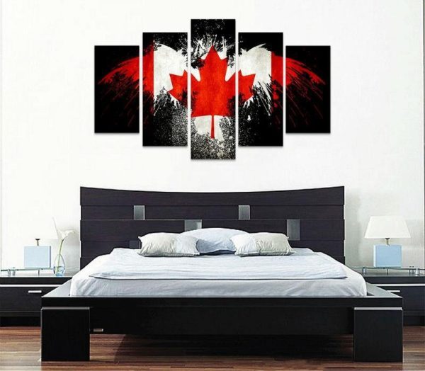 Black Eagle Canadian Flag With Maple Leaf - Abstract 5 Panel Canvas Art Wall Decor