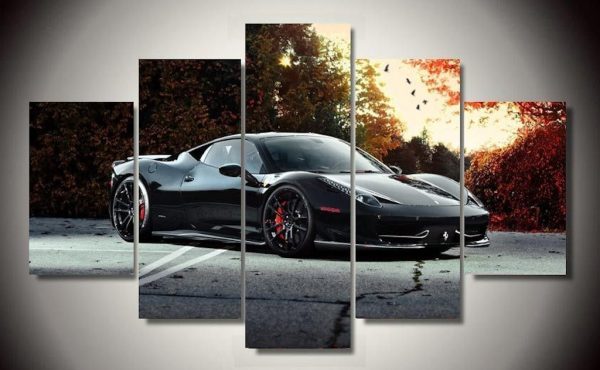 Black Ferrari 458 Italia Exotic Sport Car - 5 Panel Canvas Art Wall Decor