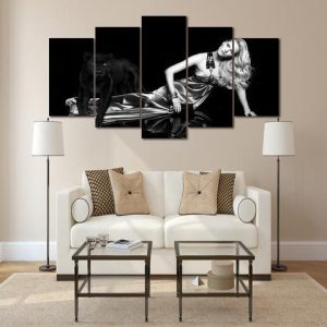 Black Panther And Women - Abstract Animal 5 Panel Canvas Art Wall Decor