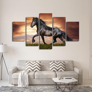 Black Stallion Mustang Horse - Animal 5 Panel Canvas Art Wall Decor