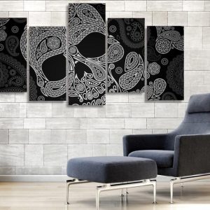 Black White Skull Skeleton - Abstract 5 Panel Canvas Art Wall Decor