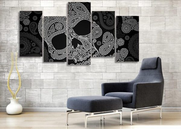 Black White Skull Skeleton - Abstract 5 Panel Canvas Art Wall Decor