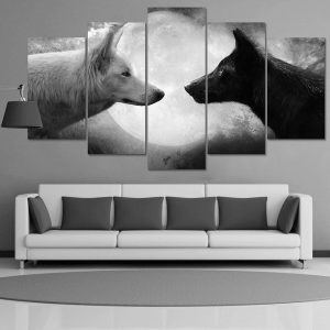 Black White Wolf - Animal 5 Panel Canvas Art Wall Decor