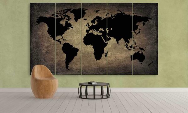 Black World Map On Metal - World Map 5 Panel Canvas Art Wall Decor