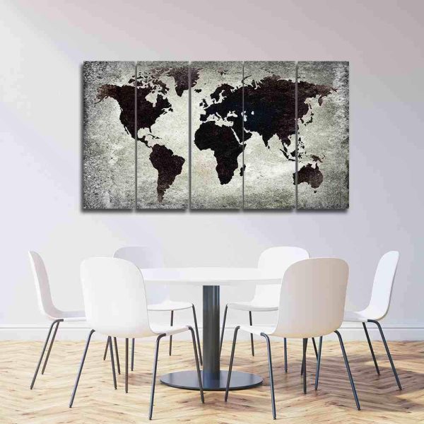 Black World Map On Rock - World Map 5 Panel Canvas Art Wall Decor