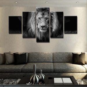 Black-white Lion King Animal - 5 Panel Canvas Art Wall Decor