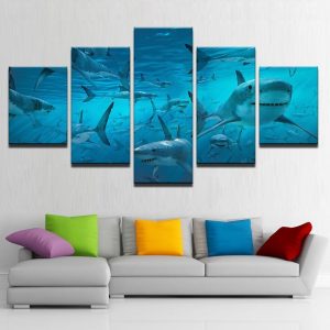 Blue Deep Sea Shark Swarm - Animal 5 Panel Canvas Art Wall Decor