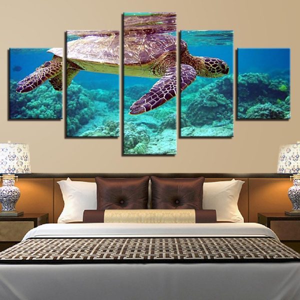 Blue Deep Sea Turtle Marine - Animal 5 Panel Canvas Art Wall Decor