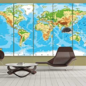 Blue Elevated World Map - World Map 5 Panel Canvas Art Wall Decor