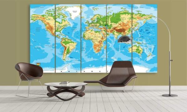 Blue Elevated World Map - World Map 5 Panel Canvas Art Wall Decor