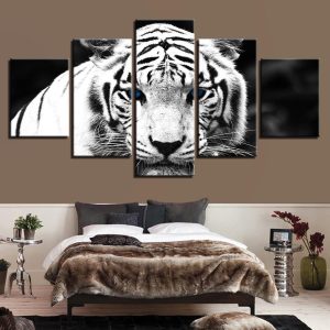 Blue Eyes White Tiger - Animal 5 Panel Canvas Art Wall Decor