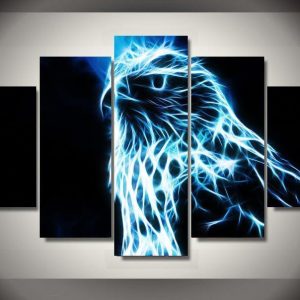 Blue Fluorescence Eagle - Abstract Animal 5 Panel Canvas Art Wall Decor