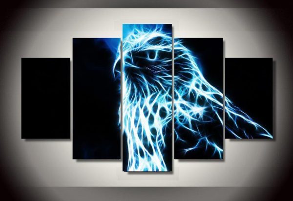 Blue Fluorescence Eagle - Abstract Animal 5 Panel Canvas Art Wall Decor