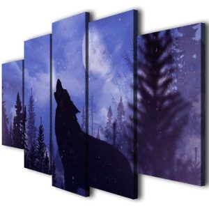 Blue Moon Night Black Wolf Landscape - Animal 5 Panel Canvas Art Wall Decor